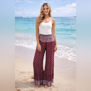 Chelsea & Violet burgandy/white bell bottom tie waist lounge pants